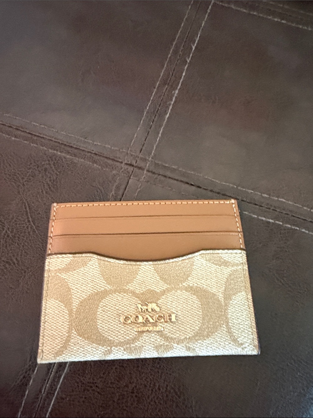 Coach Beige Signature Canvas Card Holder with Tan Leather Trim